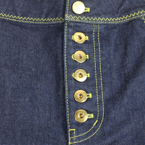 Ellery Monroe Blue Indigo Button Yellow Accent Overstitch Straight Jeans, Size 2 - Picture 5 of 9